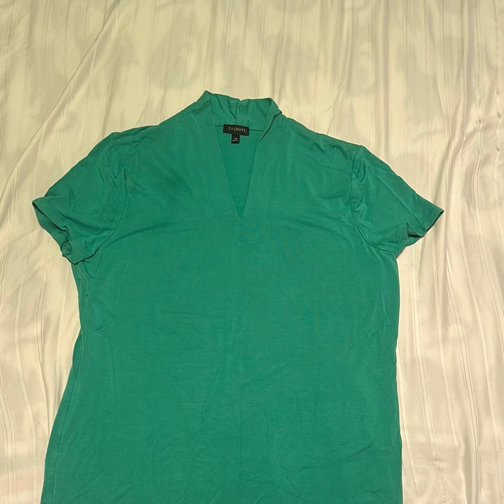 Talbots Green Fitted Short Sleeve Blouse with Mandarin Collar